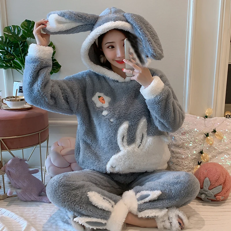 Женские пижамные комплекты фланелевая теплая Пижама с мультяшным рисунком