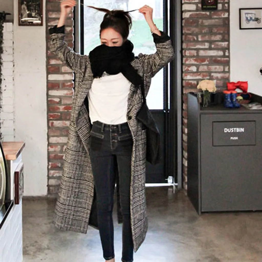 Женское длинное клетчатое пальто SAGACE свободное шерстяное в корейском офисном