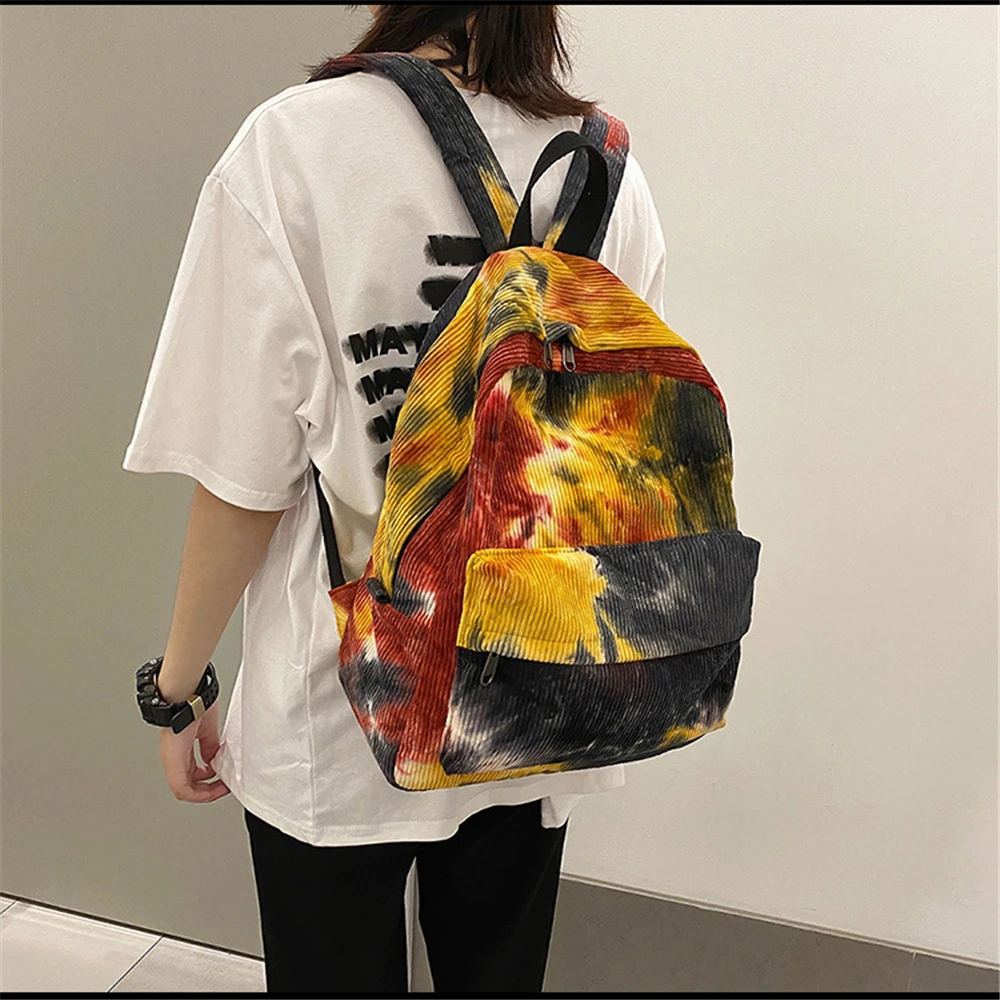 

Printing and Dyeing Backpack Canvas Large Capacity Teenager Girl School Bag Corduroy Zipper Hit Color Women Mochila Feminina