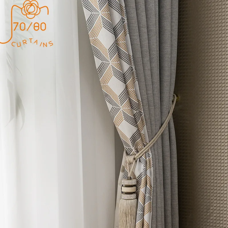 Light Luxury Geometric Printing Cotton and Linen Stitching Blackout Curtains for Living Room and Bedroom Customized Products
