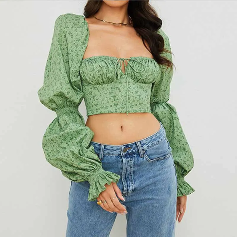 

Women Shirts Autumn Square Collar Lantern Sleeve Sexy Top Shirts Green White Blue Gray For Women Plus Size 3XL