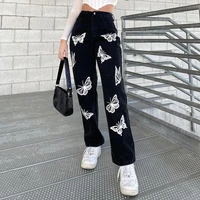 butterfly print black denim pants women jeans for girls female fashion 2021 vintage long high waisted trouser harajuku capri new