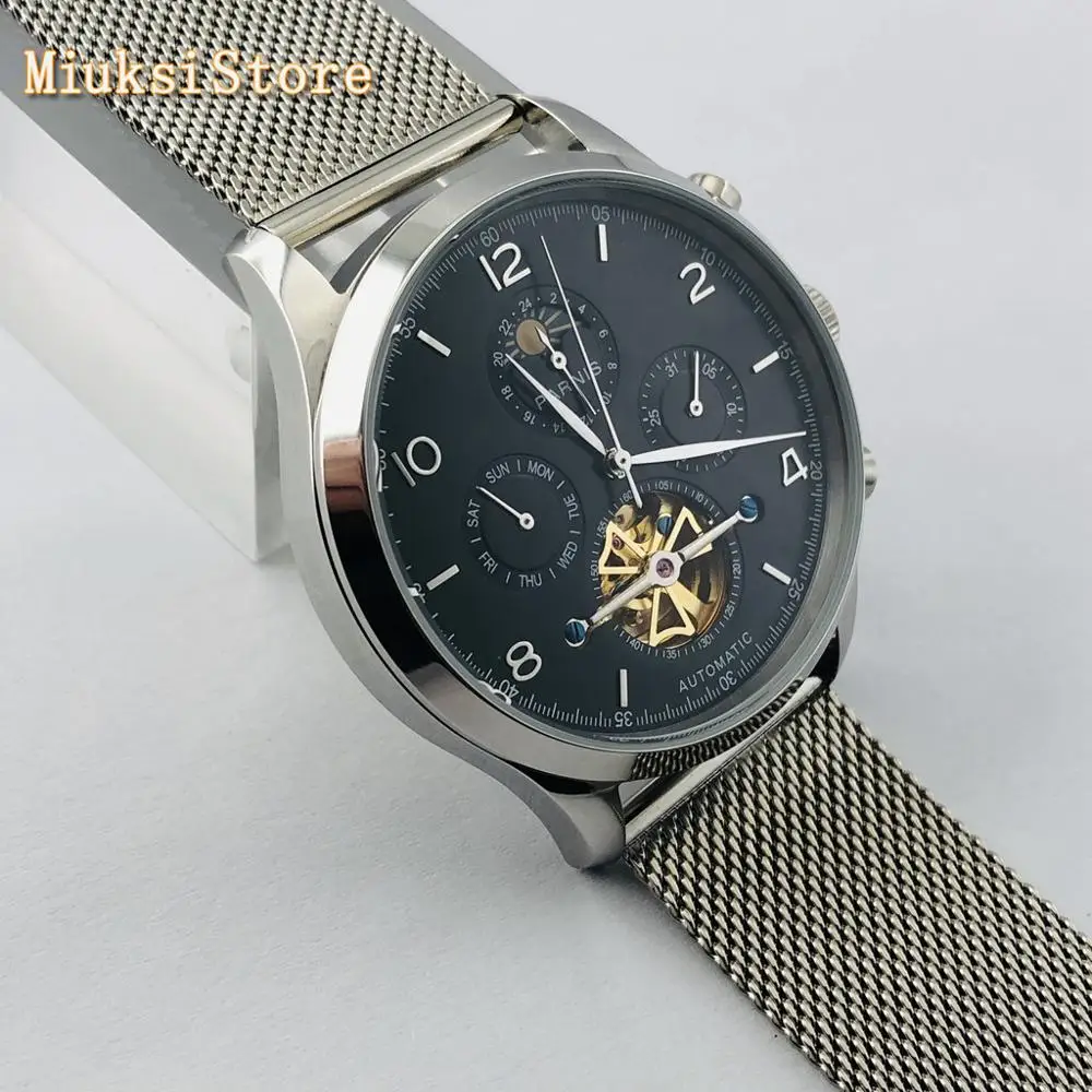 Мужские автоматические механические часы Parnis серебристый чехол 43 мм с черным