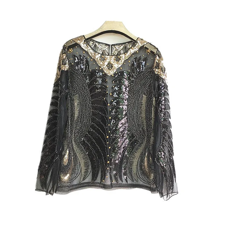 2021 New Women Fashion Beading Sequins Hollow Sexy Full Sleeve Blouse Shirt Tops