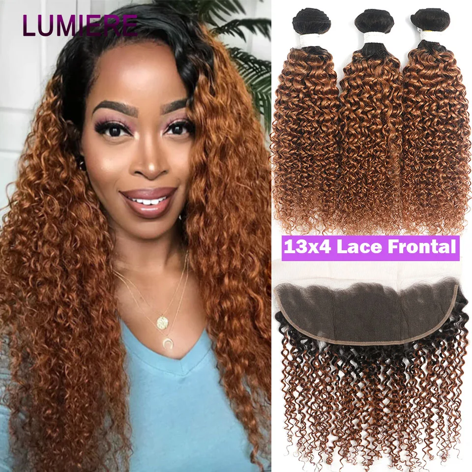 

1B/30 Ombre Brown Brazilian Bouncy Kinky Curly Weave Human Hair Bundles With Frontal 3/4 Bundle With Closure Lumiere Remy Hair