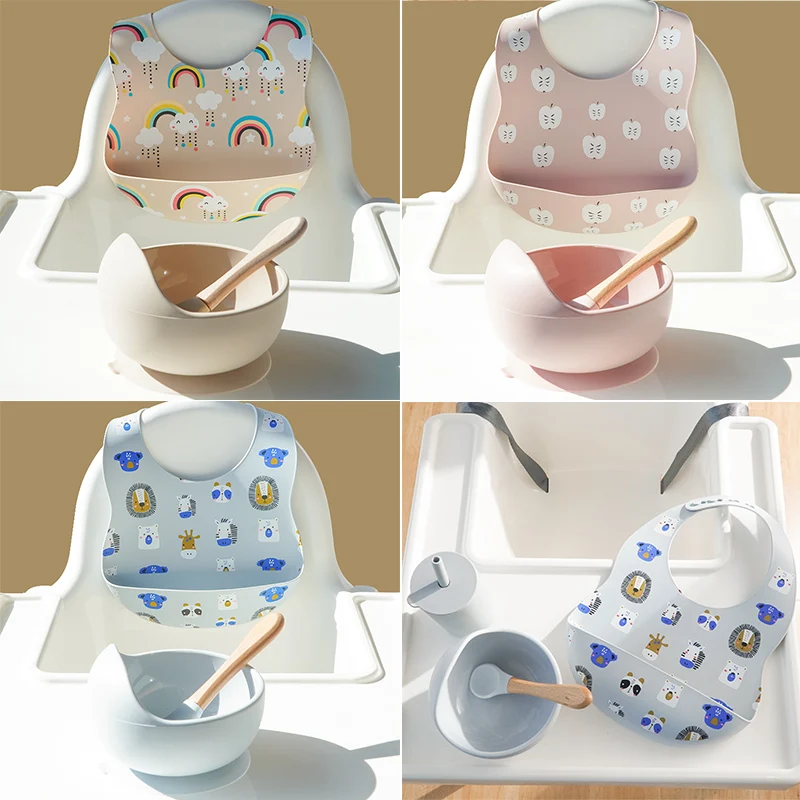 

Waterproof Silicone Cute Printed Baby Bibs Soild Color Saliva Towel For Children Toddler Sucker Bowls And Wooden Handle Spoons