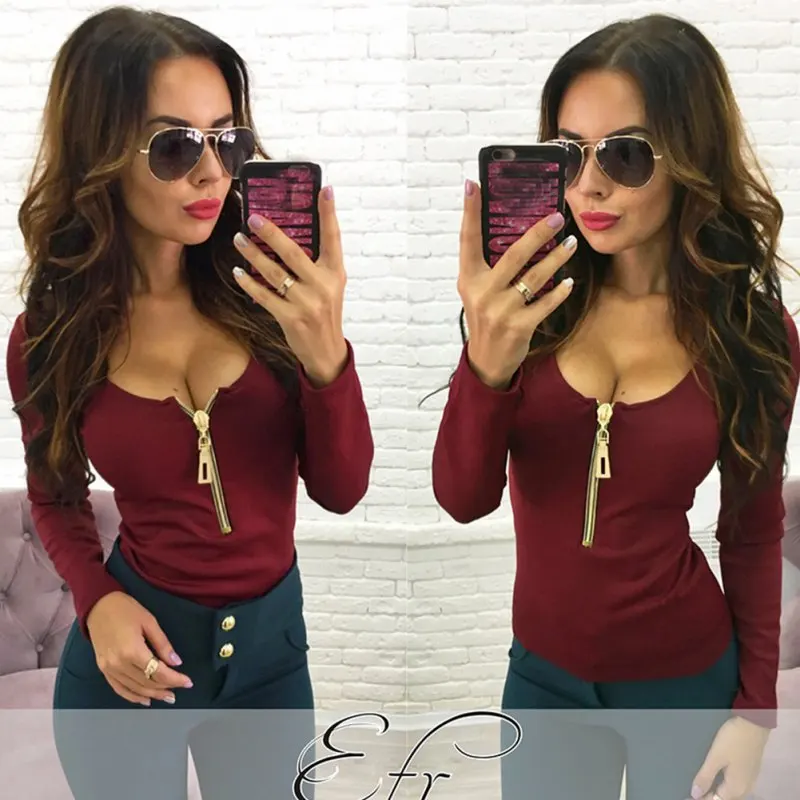 Осенняя модная женская футболка на молнии удобные топы с длинными рукавами и