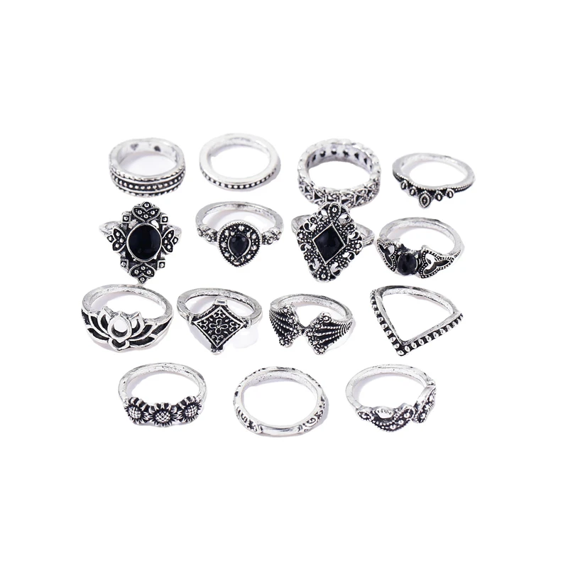 

Trendy Retro Hollow Lotus 15-piece Set Ring Black Gem Joint Set Ring