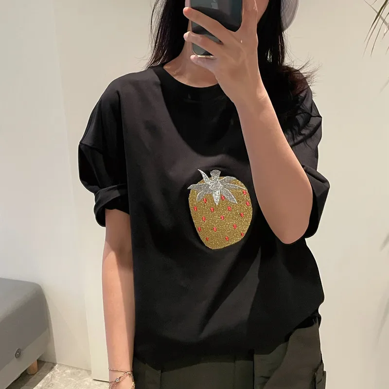 

White Black T-Shirt Women's Three-Dimensional Embroidery Strawberry Top O-Neck Casual Short Sleeve Tees