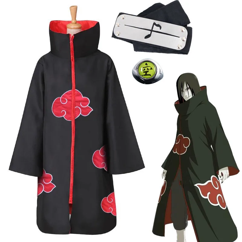Аниме костюмы боли Акатсуки: плащ, повязка на голову, комплект кольца. Косплейная одежда Итачи и Дейдары. Роба-плащ для Хэллоуина в школу. Крутой подарок.