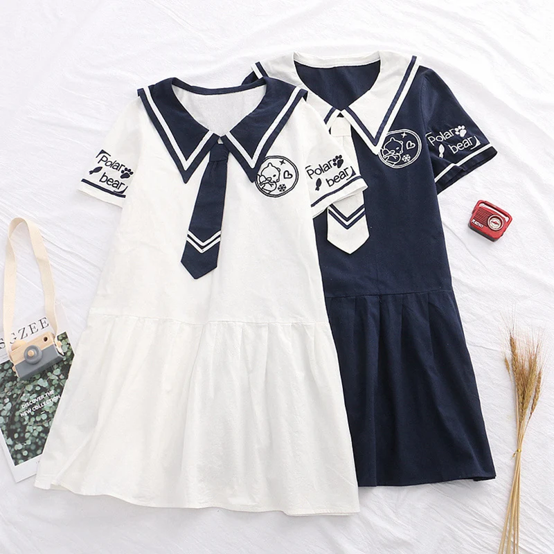 

Летнее платье в японском стиле преппи с воротником, женское платье с милым мультяшным принтом, свободное женское платье в стиле девушки Мор...