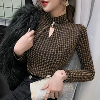 2021 spring summer elastic shiny clothes houndstooth t shirt sexy hollow out women tops ropa mujer bottoming shirt tees