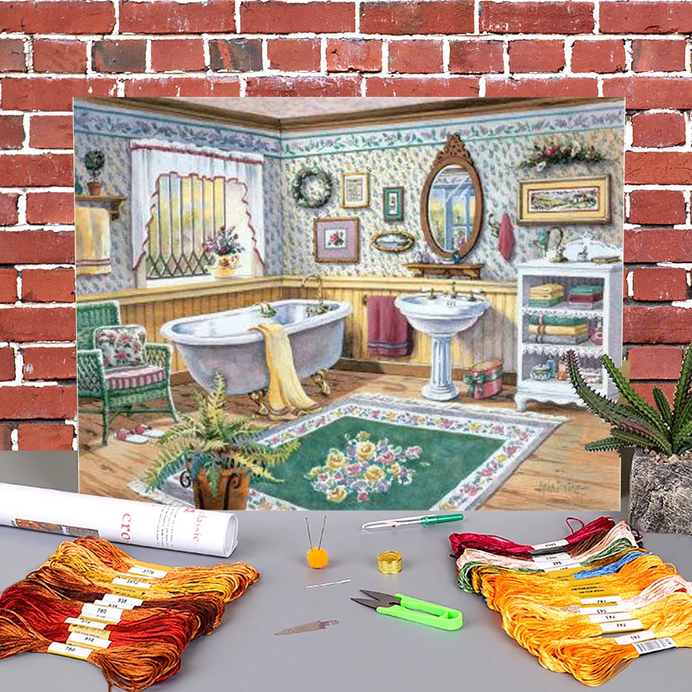 

Пейзаж ванная комната Печать холст 11CT Вышивка крестом DIY Набор DMC нитки вышивка картина хобби рукоделие ювелирные изделия