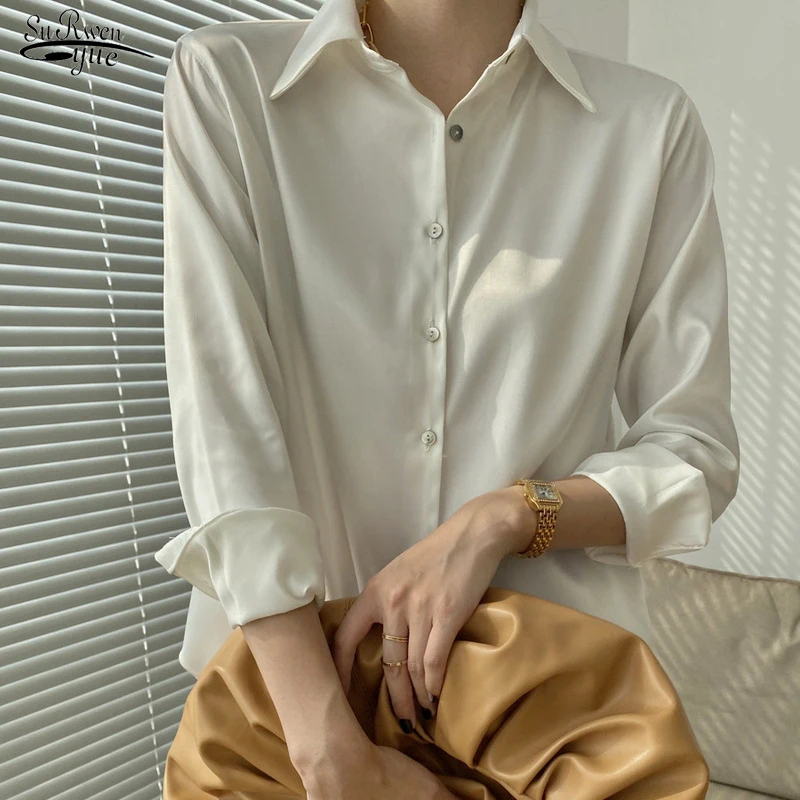 

Блузка Женская атласная с длинным рукавом, Повседневная Свободная шелковая рубашка, стильная офисная блузка на пуговицах, модный топ, белая...