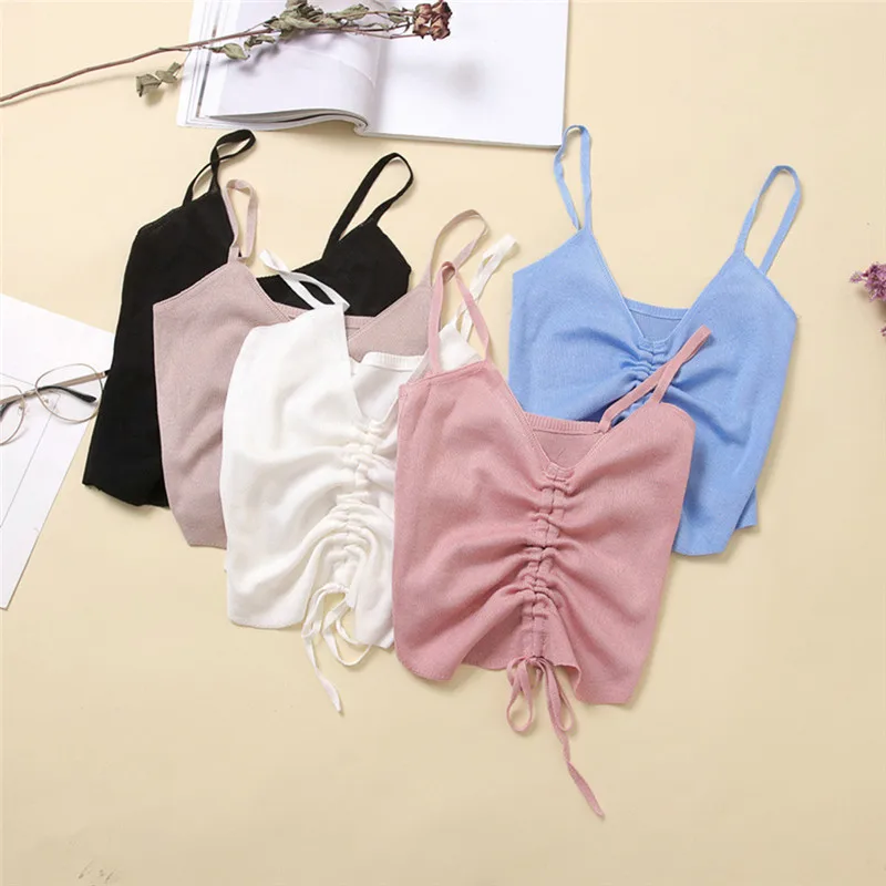 

Sexy Women Drawstring Knitted Tank Top Solid All-Match Casual Short V Neck New Design Strap Vest Crop Tops Female