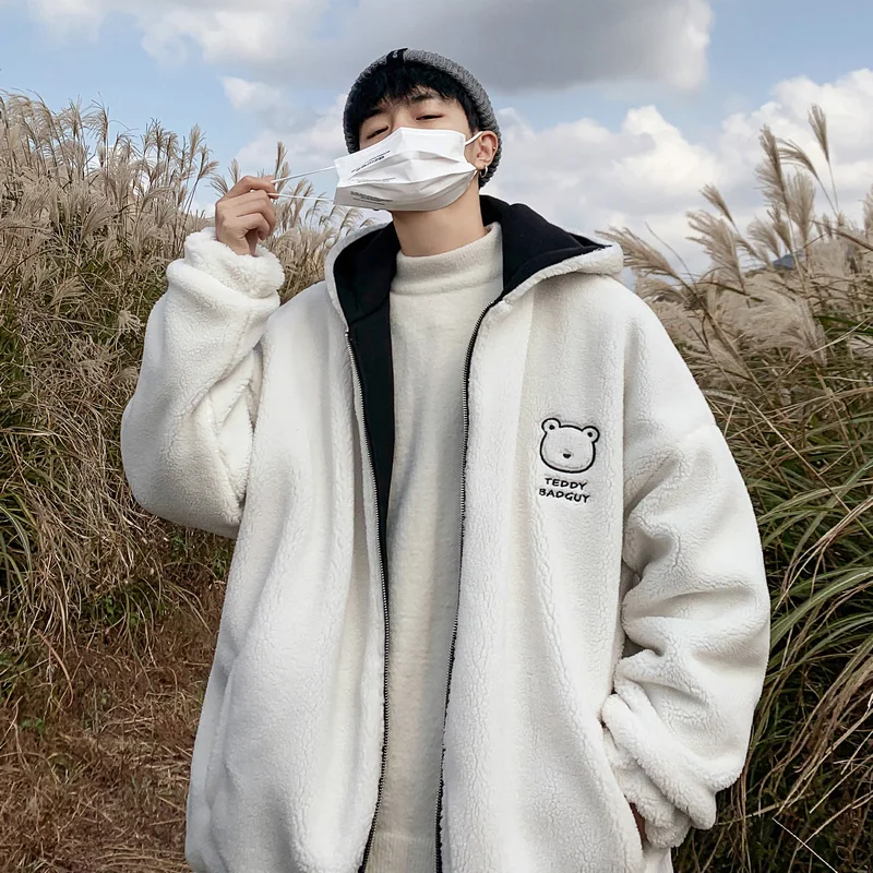 Hooded Lamb Wool Cotton-Padded Jacket Men's Autumn and Winter New Loose Trendy Two-Sided Wear Cotton Coat Jacket Fashion Brand