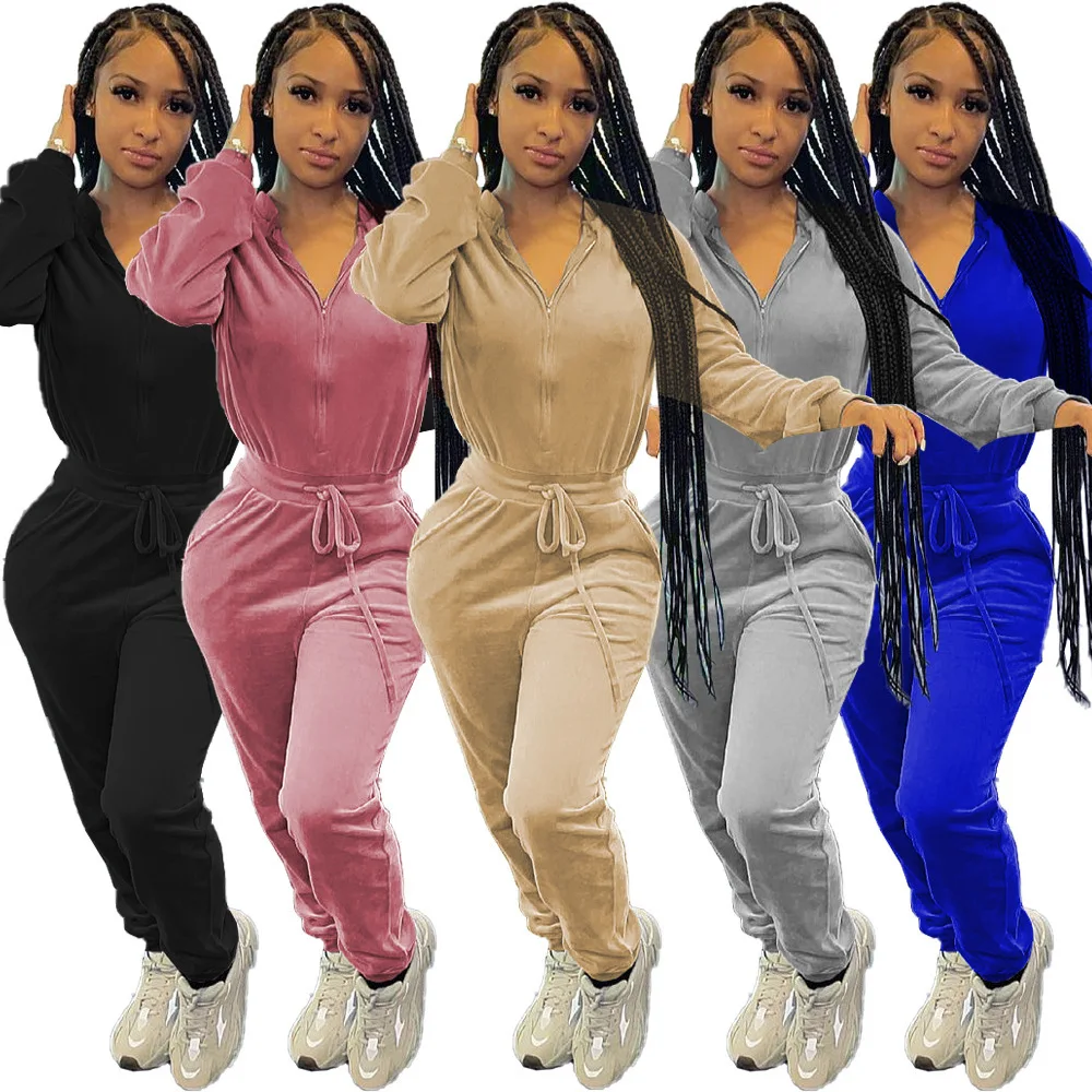

2021 Ladies Long-sleeved Elegant Party Velvet Solid Color Zipper Drawstring Waist Sexy Velvet Fashion Casual Slim Work Pants