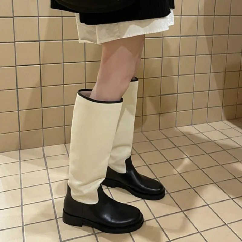 

ZA Chic Winter Lady Shoes Genuine Natural Leather Square Med Heels Riding Motorycle Denim Straight Tube Knee High Boots Women