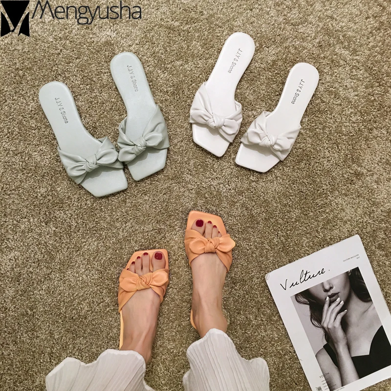 Летние шлепанцы с квадратным носком и бантом Однотонная Короткая Повседневная
