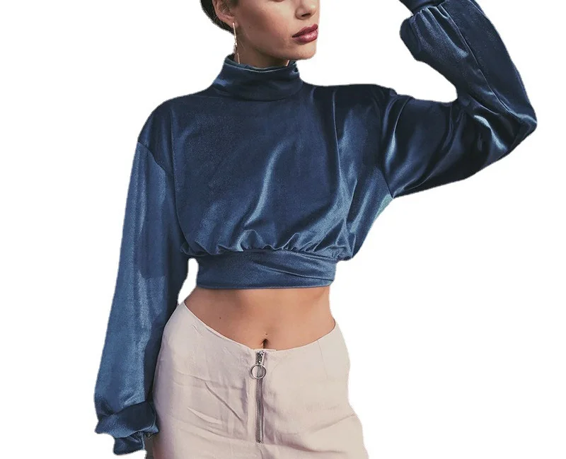 

Turtleneck Slim Sexy T shirt Women Spring Fashion Lantern Sleeve Crop Top Women Solid Casual Women Long Sleeved T-shirt Short