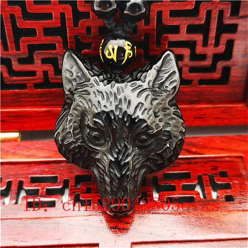 Natural Black Obsidian Wolf Head Pendant Beads Necklace Fashion Charm Jewellery Hand-Carved Lucky Amulet Gifts for Women Men