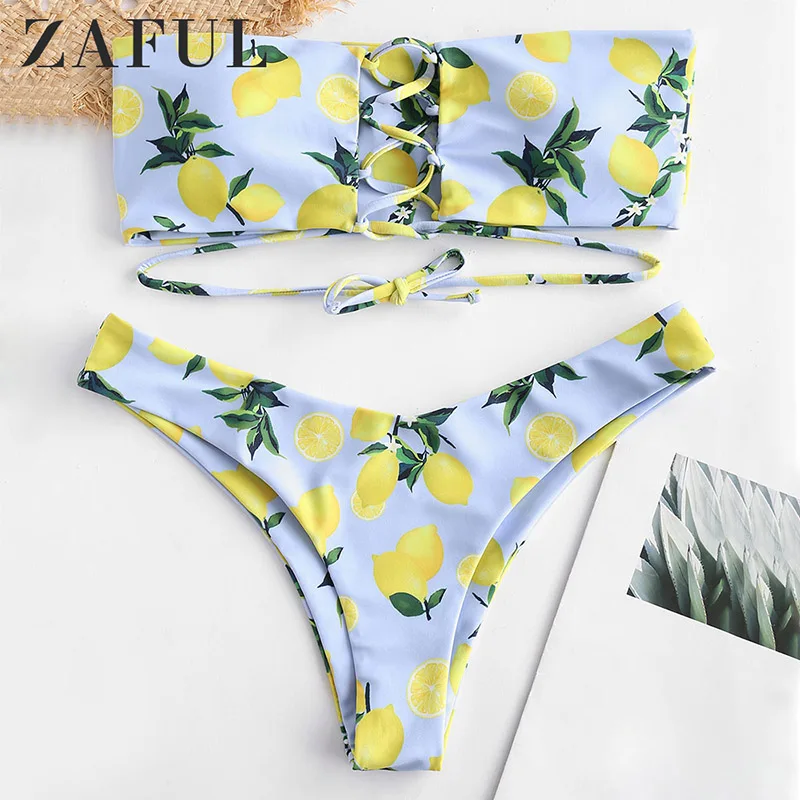 

Zaful Lemon Print Strapless Padded Bikini Lace-Up Bandeau Bikini Set For Women Lemon Print Lace-Up Bandeau Bikini Set