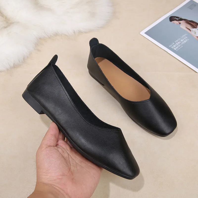 Туфли женские в стиле ретро кожа плоская подошва квадратный носок без застежки