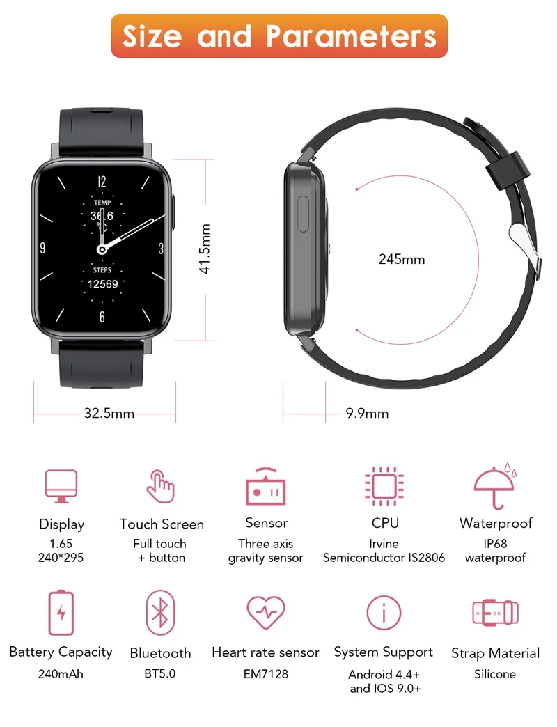 

2021 Smart Watch Men Women Body Temperature Heart Rate Monitor IP67 Waterproof Fitness Tracking Sport Smartwatch for Android iOS