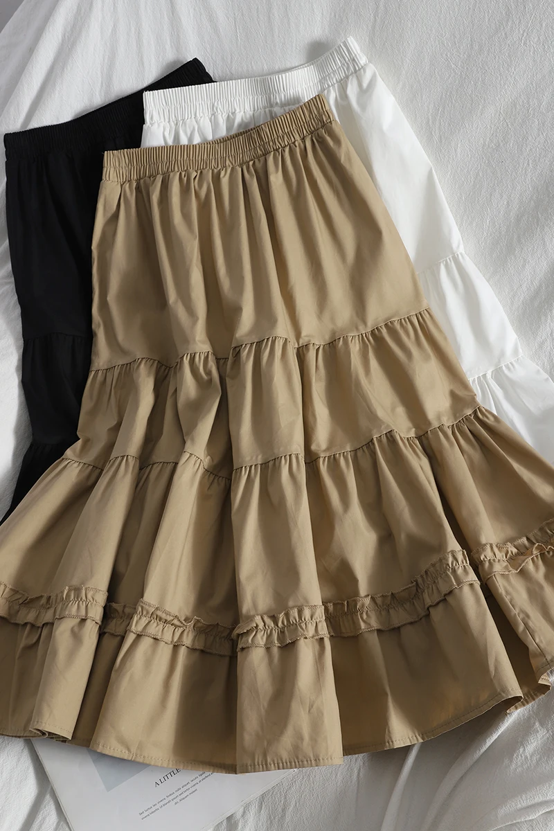 

Casual A-Line Retro Ruffles long skirts for women spring new elastic waist solid color skirt female Korean midi skirt fashion