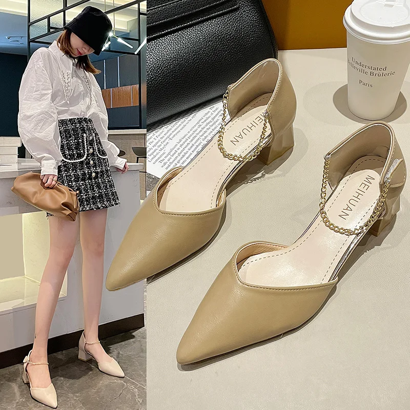 

Shallow Mouth Branded Pumps High Heels Pointed Toe 2021 Chunky Sandals Comfortable High-Heeled Shoes Footwear All-Match Fashion