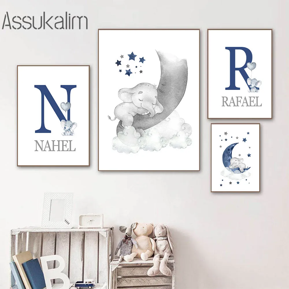 

Boy Custom Name Canvas Posters Nursery Wall Paintings Elephant Poster Star Moon Clouds Prints Nordic Print Babys Room Decoration