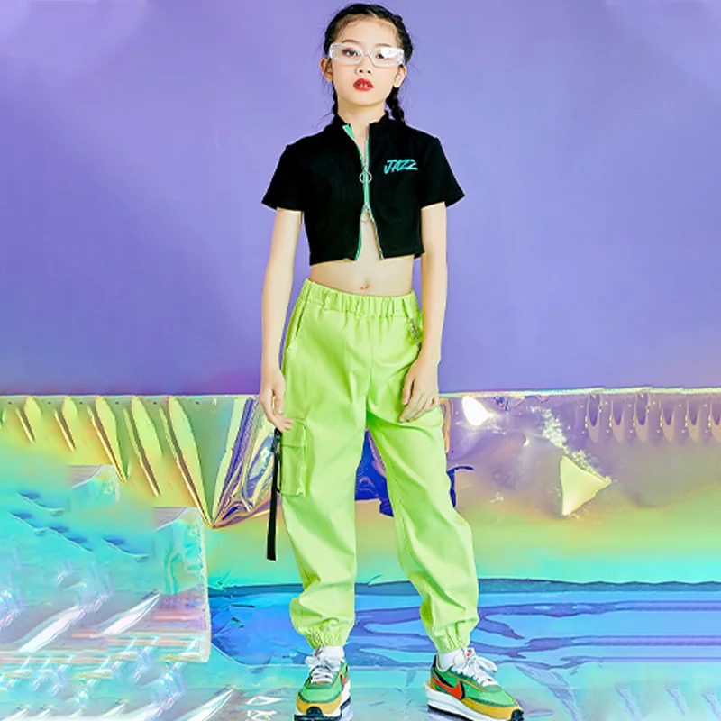 

Children Hip Hop Clothes Girls Jazz Dance Costume Black Tops Green Pants Street Dancing Outfit Stage Show WD0033