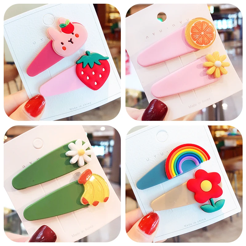 

2 Pcs/Set New Children Cute Cartoon Fresh Fruit Flower Ornament Hair Clips Girls Lovely Waterdrop Hairpins Kids Hair Accessories