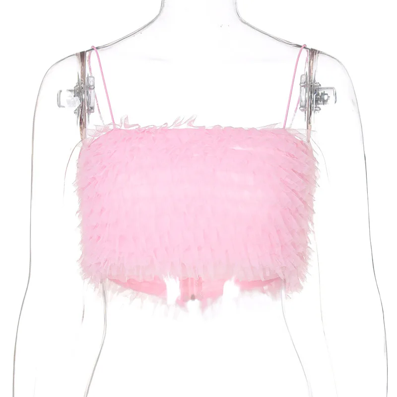 

2021 New Arrivals Summer Fashion Spaghetti Strap Plush Pink Blue Solid Bodycon High Street Women Tops Camis