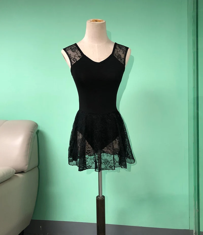 Женский купальник с кружевной юбкой черный для балета и гимнастики|dance leotards|ballet