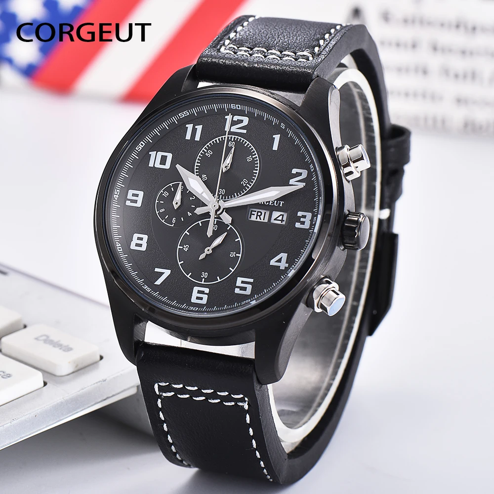 CORGEUT Luxury Watches Mens Business Waterproof Quartz Wrist Watch Stainless Steel Dial Sport Watch Male Clock Relogio Masculino