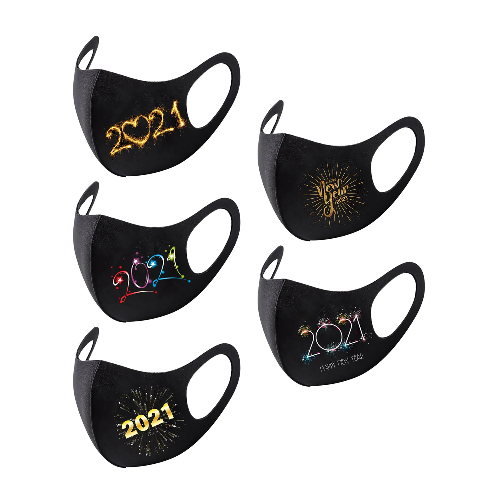 

5pcs Washable Mask New Year Pattern Print Face Masks 2021 Festive Adult Windproof Mascarillas Fashion Comfortable