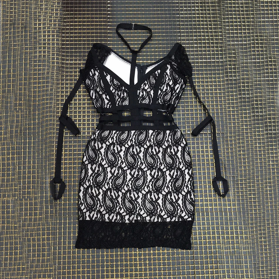 Женское кружевное мини-платье на осень черное ажурное облегающее платье с лямкой