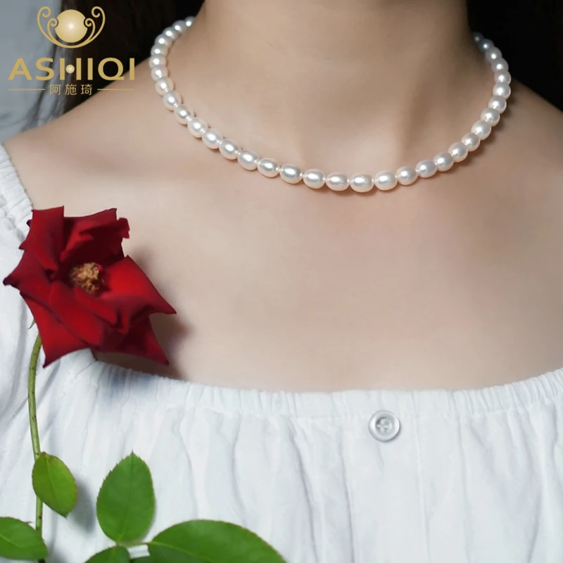 

ASHIQI Natural Freshwater Pearl 925 Sterling Silver Necklace Women Jewelry