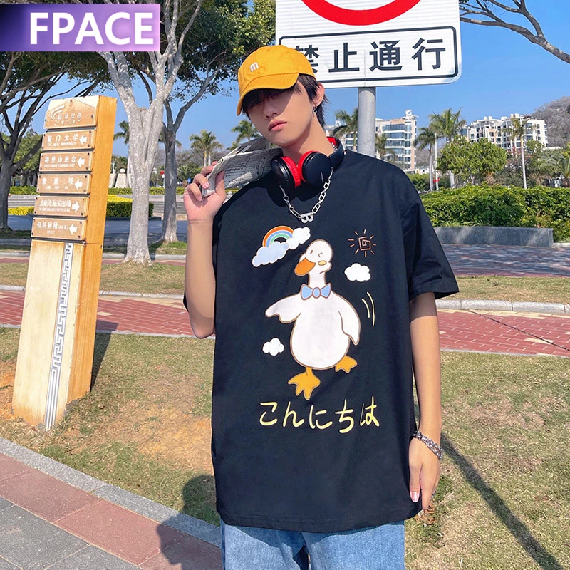 

FPACE Summer Cartoons Duck t-shirt male loose wild casual men's women short-sleeved ins shirt male cool half-sleeved t-shirt