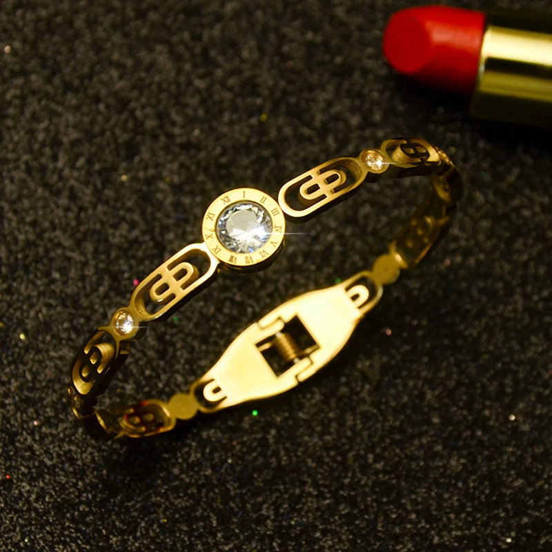 

2021 New Style Stainless Steel Bracelets For Men Women Wholesale Jewelry Gift Fashion Roman Number Bangles With Cubic Zirconia