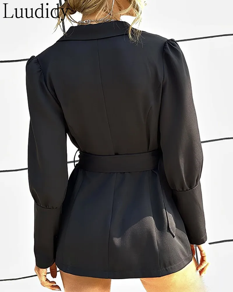 

Women Lantern Sleeve Double Breasted Blazer Dress With Sashes