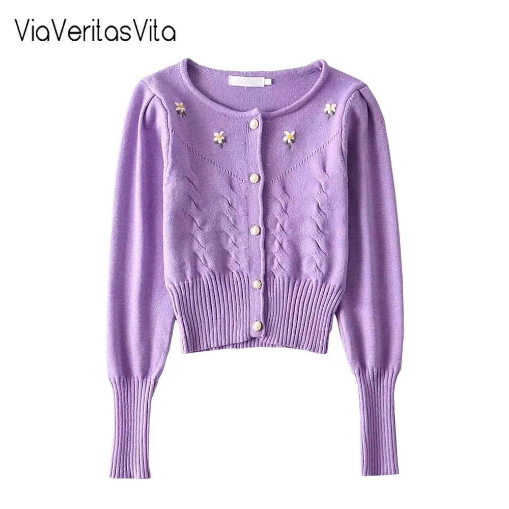 

Укороченный кардиган с цветочной вышивкой, свитеры, вязаная куртка с длинным рукавом и круглым вырезом, Базовая Трикотажная одежда, коротка...