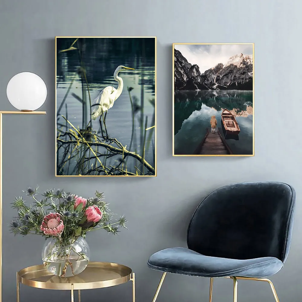 Скандинавские лодки озеро холст живопись синяя волна скандинавский плакат