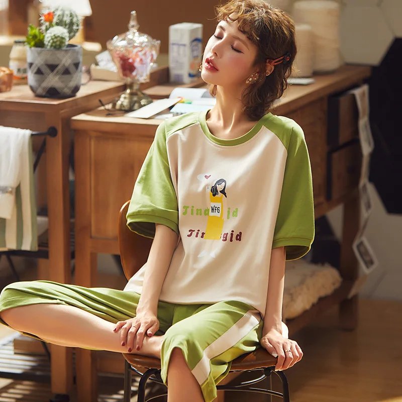 

Two - Piece Summer Pajamas Suit , Female Summer Cotton Short-Sleeved Cropped Shorts Korean -Style Large Casual Thin Leisure Tops