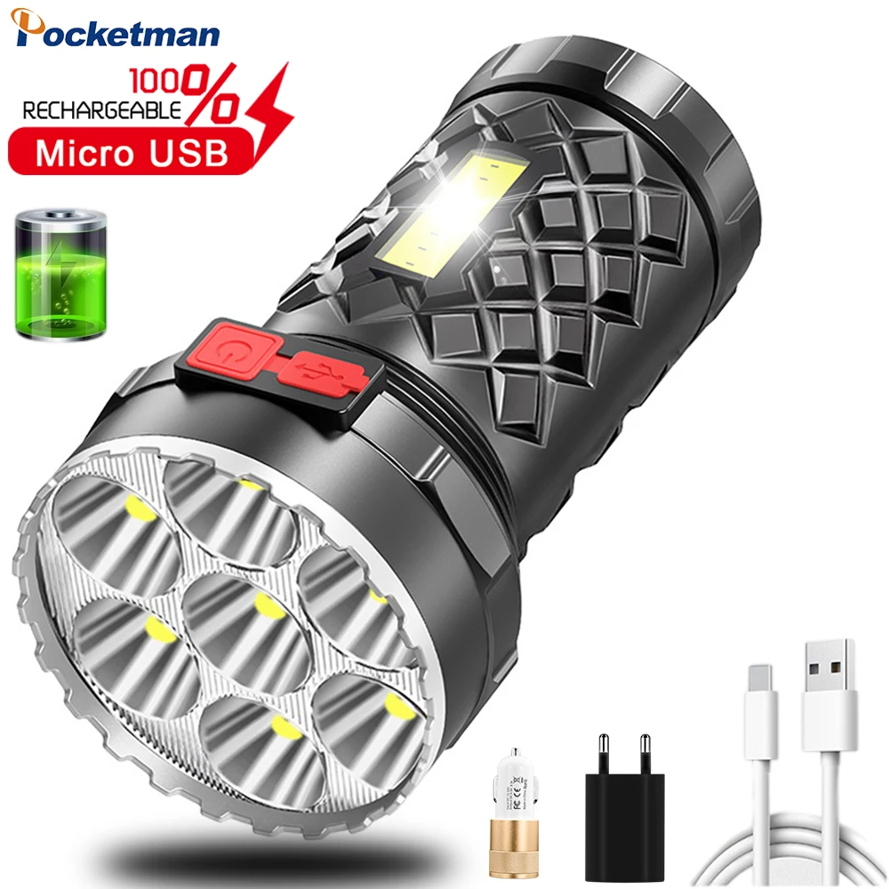 

7 LED Flashlights Side COB Light 5 Lighting Modes Waterproof Searching Lanterna USB Rechargeable Camping Torch Built-in Battery