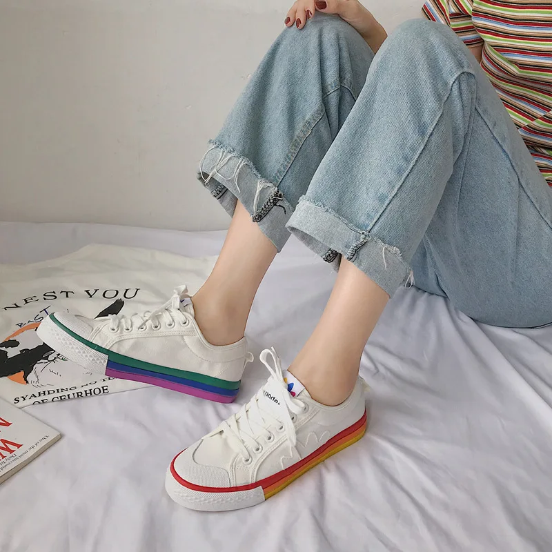 2020 новые радужные холщовые кроссовки женская обувь модные белые повседневная на