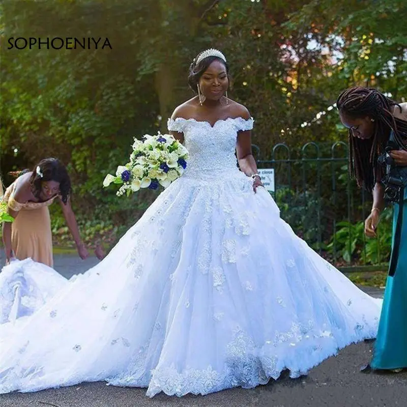 

Custom Made Ball Gown Plus Size Wedding Dresses Sweetheart Off Shoulder Lace Beaded 3D Flowers Bride dress Vestido De Noiva