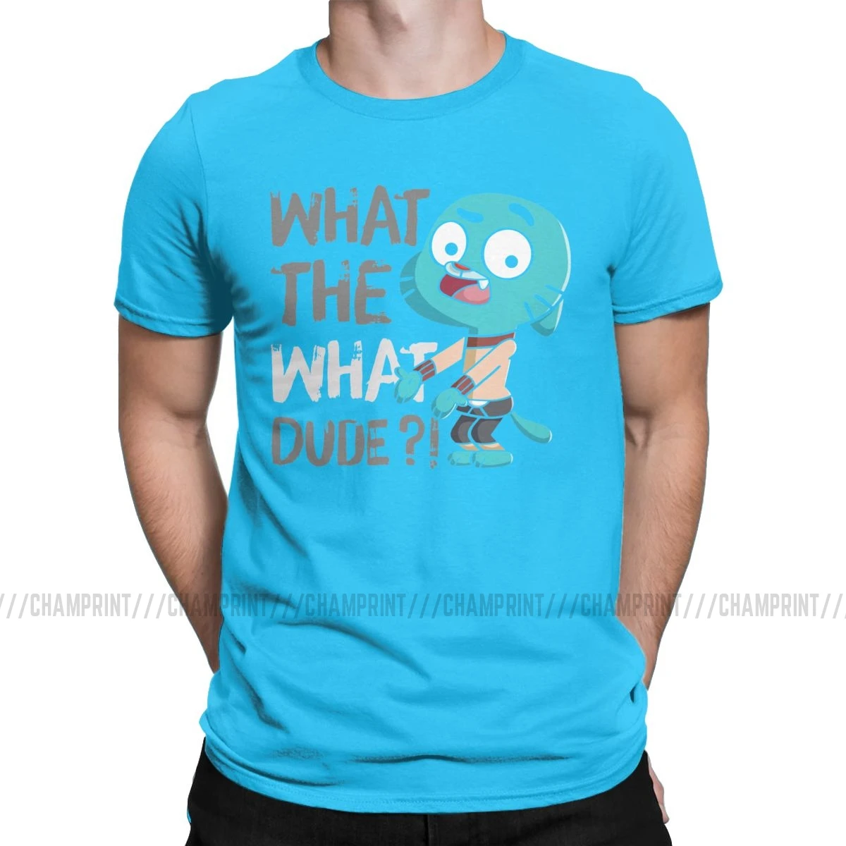 Men T-Shirt What The What Dude Creative Pure Cotton Tees Short Sleeve The Amazing World of Gumball T Shirt O Neck Tops Gift - Цвет: Королевский синий