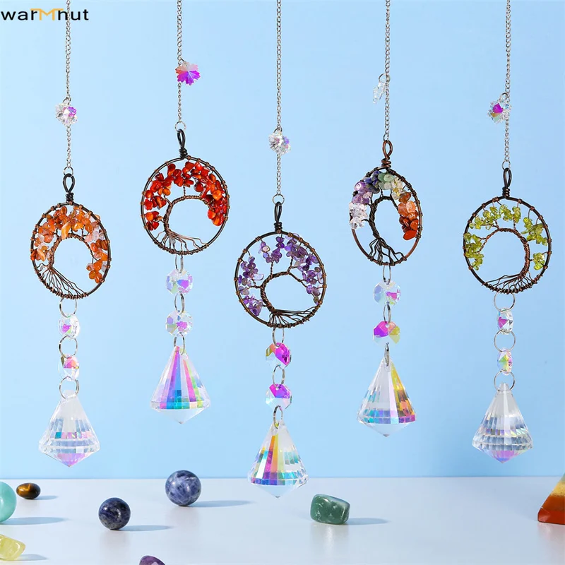 

WarmHut, дерево жизни, натуральные камни с кристаллами, подвесное украшение с радужной стеклянной призмой, подвесные солнцезащитные очки для д...